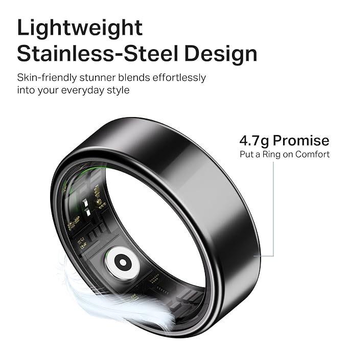 Boat SmartRing Active Plus, Auto HR, Sleep, SpO2, Stress &amp; Skin Temperature Monitor, Stainless-Steel Build, 5 ATM, Weighs Only 5 gm, Portable Charging Case, Smart Ring for Men (11, Midnight Black)