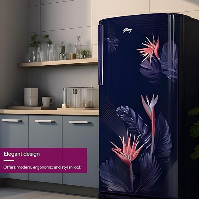 Godrej 183 L 3 Star | Toughened Glass Shelves | 24 Day Farm Freshness | Jumbo Vegetable Tray | Turbo Cooling Technology | Direct Cool Single Door Refrigerator (RD R190C THF FR BL, Floral Blue)