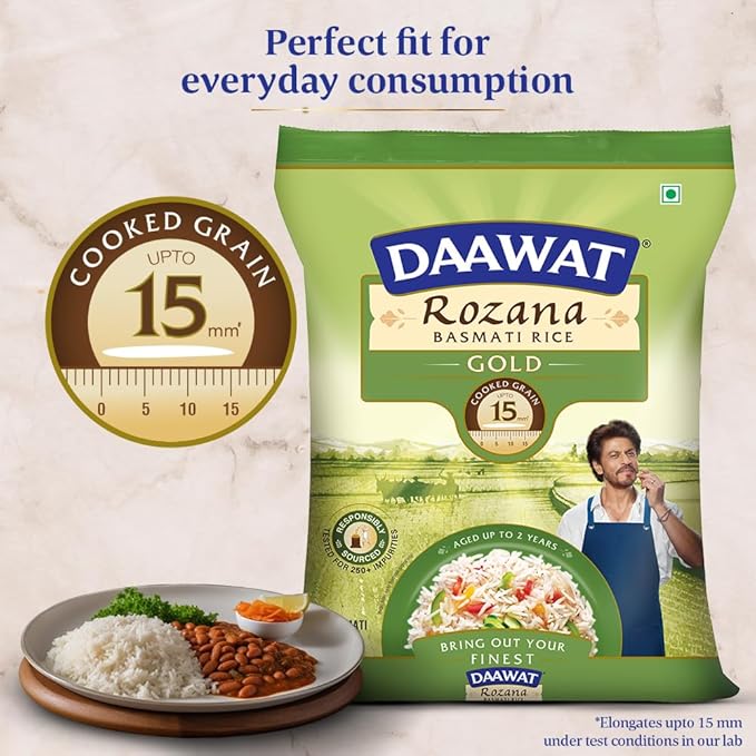Daawat Rozana Gold Basmati Rice 5Kg| For Everyday Consumption| Cooked Grain Upto 15mm*| Naturally Aged