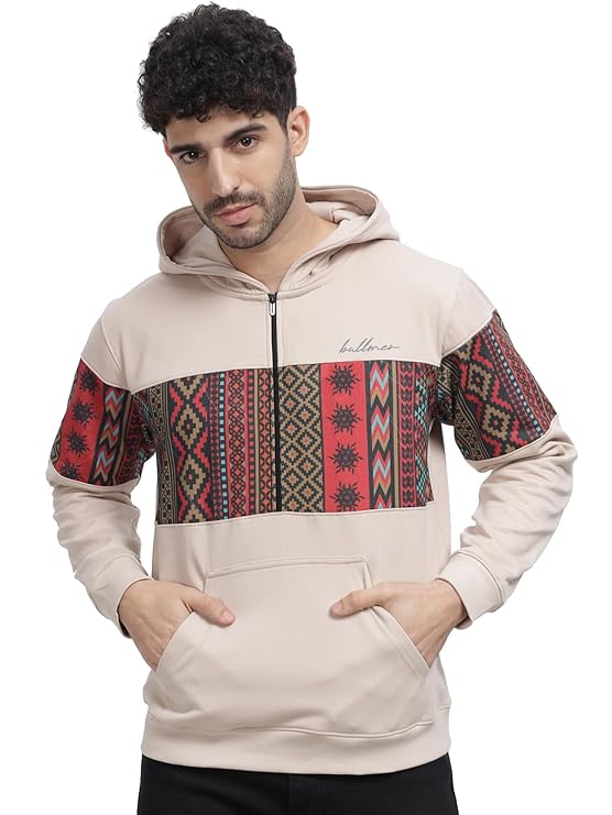 BULLMER Grey Melange Trendy Colourblock Fleece Hoodie Sweatshirt for Men