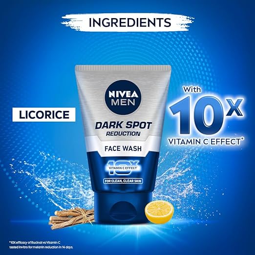 NIVEA MEN Dark Spot Reduction Face Wash 100 g | With Ginko and Ginseng Extracts for Clean, Healthy &amp; Clear Skin in Summer | 10 X Vitamin C Effect for Radiant Skin |For Dark Spot Reduction