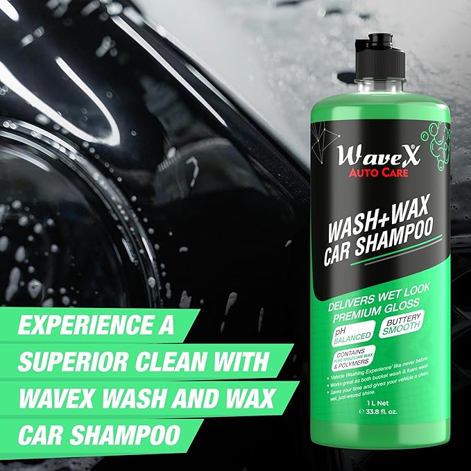 Wavex Car Shampoo Wash and Wax 1L pH Neutral Gives Wet Look Shine, Buttery Smooth Feel - Leaves No Water Spots