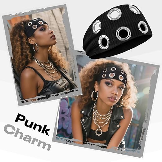SANNIDHI® Hairband for Woman Black Hollow Out Eyelets Elastic Headbands Y2K Punk Grunge Fashion Wide Headpiece Grommet Eyelet Design Hair Band Stretchy Casual Hair Accessories for Woman