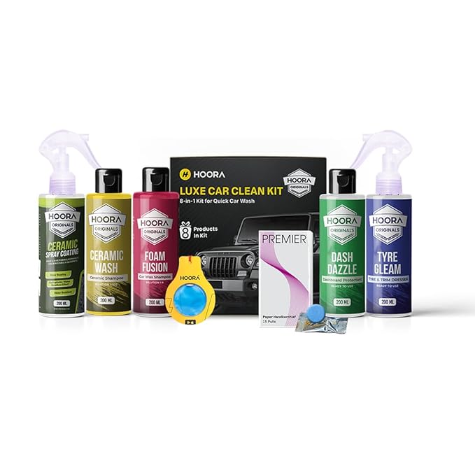 HOORA Monthly Car Care Kit, Complete 8-in-1 Car Cleaning &amp; Shine Solution, Ceramic Coating with Ceramic Shampoo, Long-Lasting Protection, 30-Day Freshness, Premium Detailing, 200 ml Per Piece