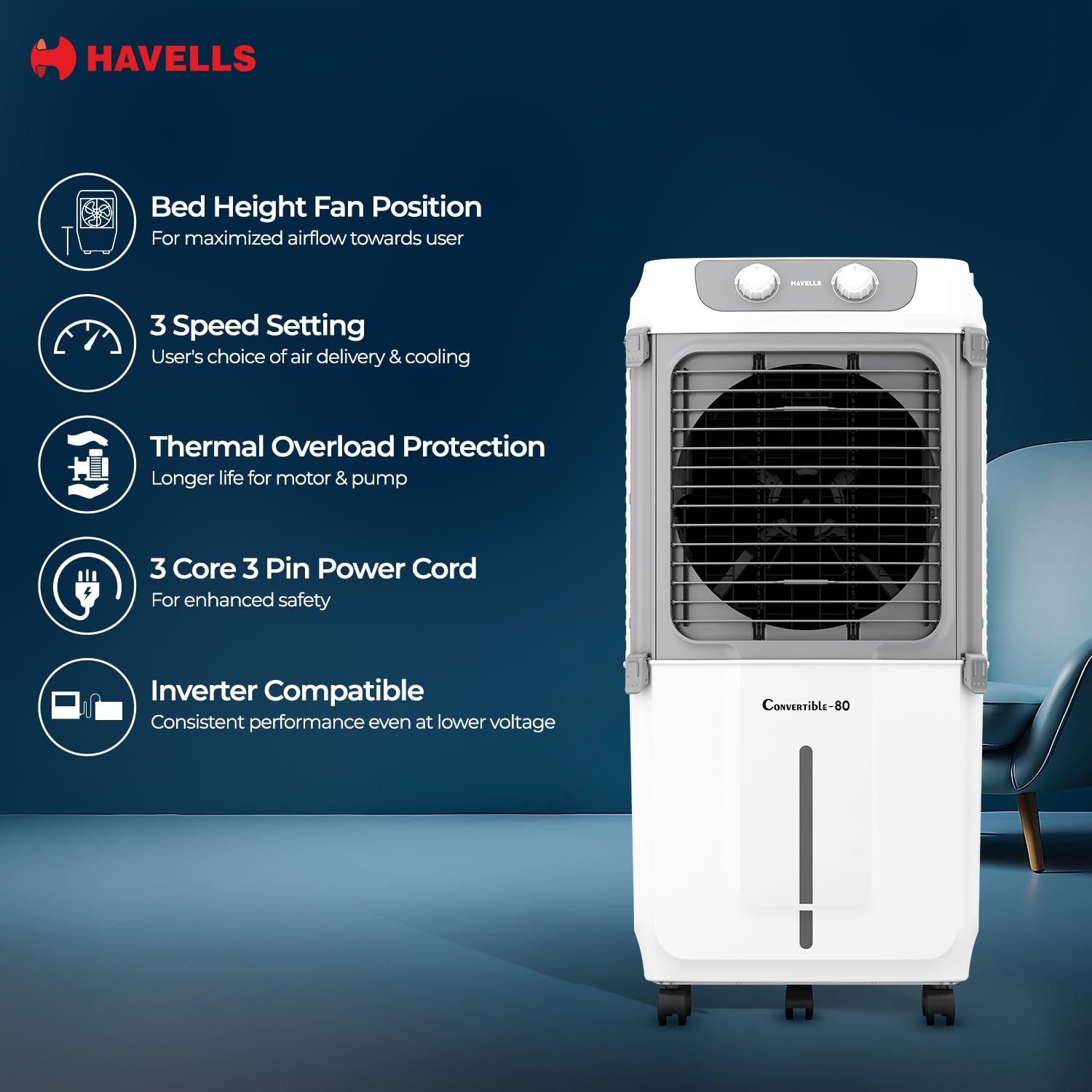 Havells 2-in-1 Convertible 80 L Desert Air Cooler for room| Dual functionality easy storing| Can be used as side table| 5 Leaf Metal Blade Fan| Powerful Air-Delivery| Bacteria shield honeycomb pads