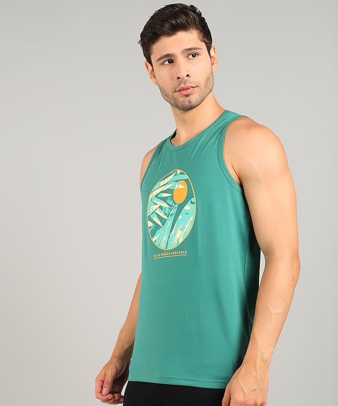 Alan Jones Clothing Men Cotton Printed Sleeveless T-Shirt | Regular Fit | Casual, Beach Lounge Wear | Tank Top for Summer