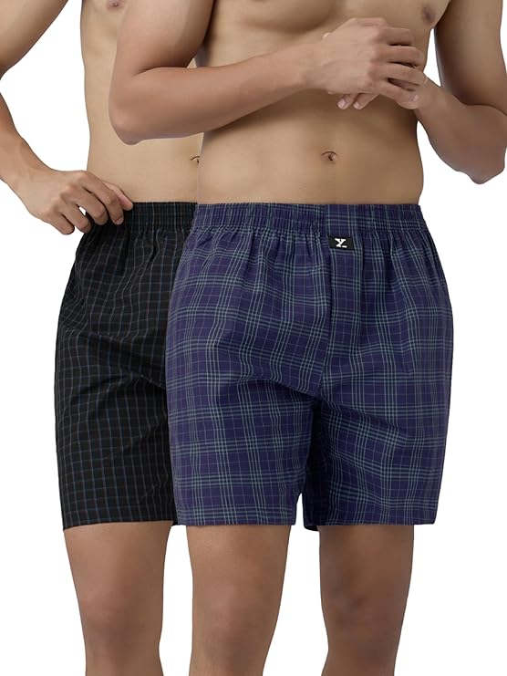 XYXX Mens Checkmate Relaxed Fit Cotton Boxer Shorts with Dual Pocket No Marks Waistband (Pack of 2)